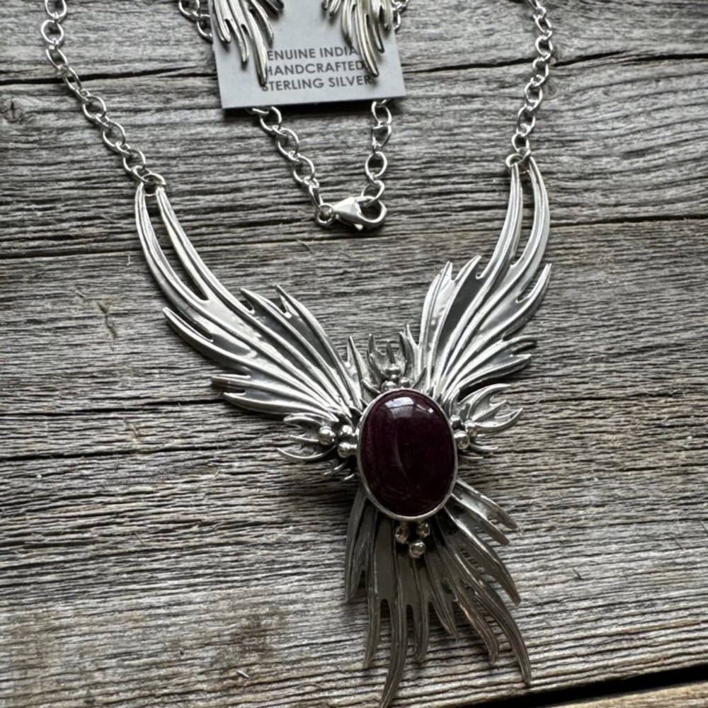 Navajo Sterling Silver Purple Spiny Oyster Chain Lariat Y Necklace Earrings Set - Picture 8 of 12